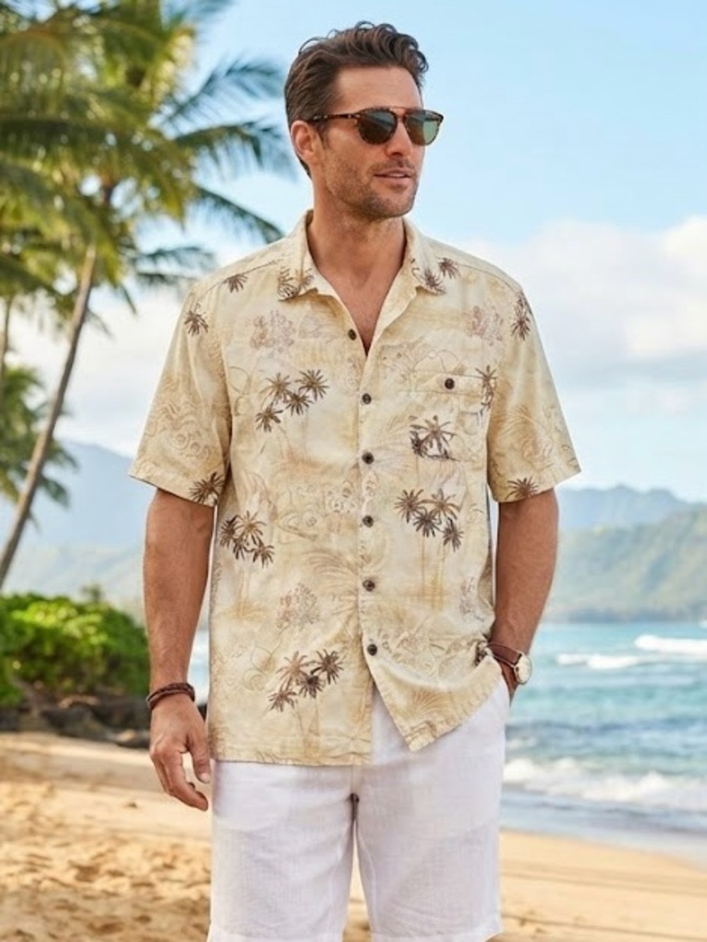 Joe Marlin Men’s Cream Brown Neutral Palm Tree Print Tropical Shirt Cotton Blend